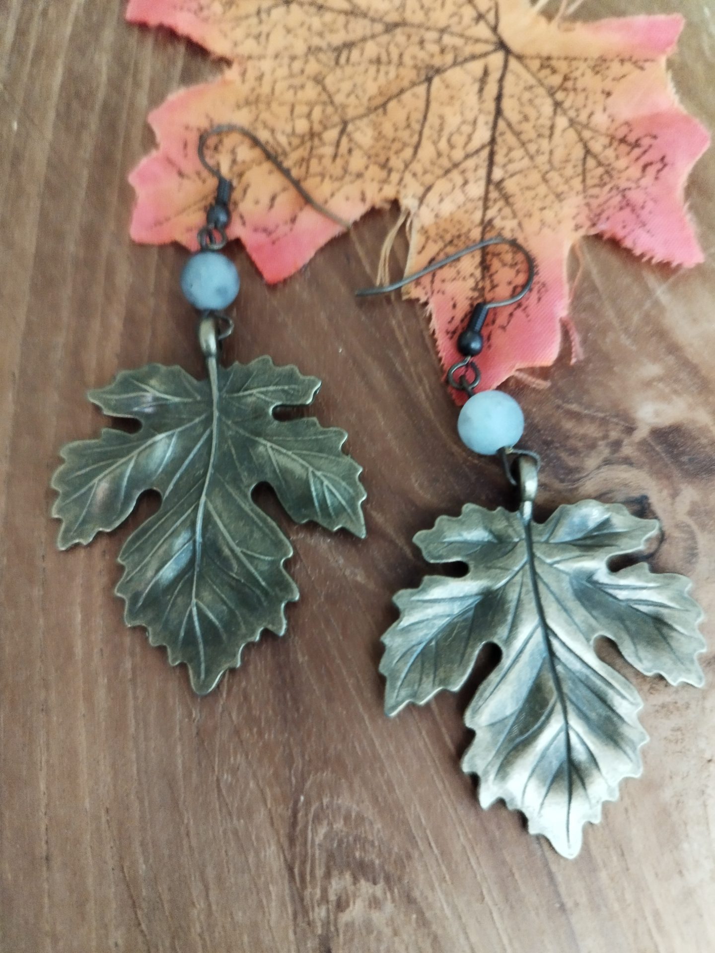 boucles d'oreilles feuilles automne amazonite bl
